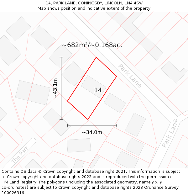 14, PARK LANE, CONINGSBY, LINCOLN, LN4 4SW: Plot and title map