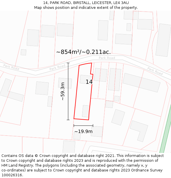 14, PARK ROAD, BIRSTALL, LEICESTER, LE4 3AU: Plot and title map