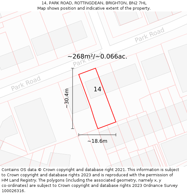 14, PARK ROAD, ROTTINGDEAN, BRIGHTON, BN2 7HL: Plot and title map