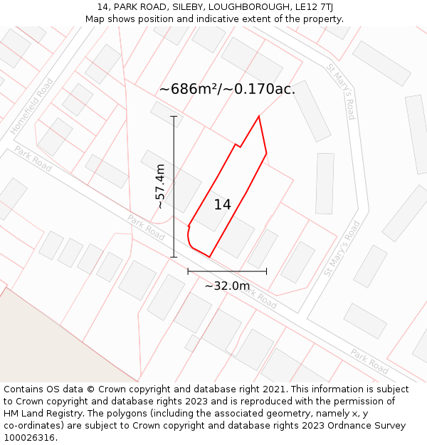 14, PARK ROAD, SILEBY, LOUGHBOROUGH, LE12 7TJ: Plot and title map