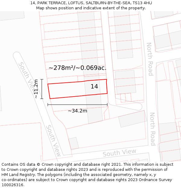 14, PARK TERRACE, LOFTUS, SALTBURN-BY-THE-SEA, TS13 4HU: Plot and title map