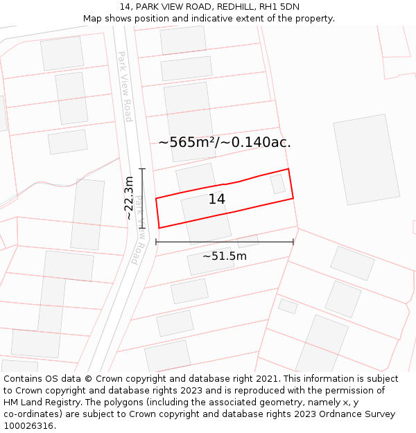 14, PARK VIEW ROAD, REDHILL, RH1 5DN: Plot and title map