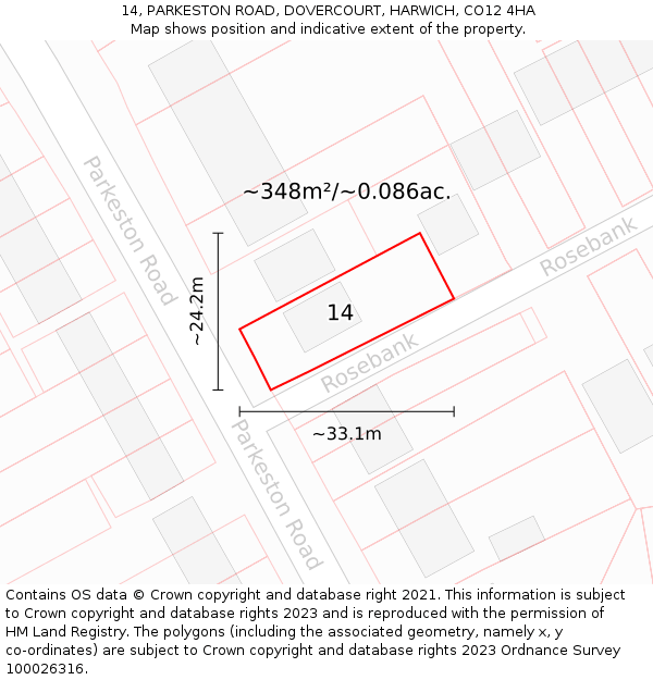 14, PARKESTON ROAD, DOVERCOURT, HARWICH, CO12 4HA: Plot and title map