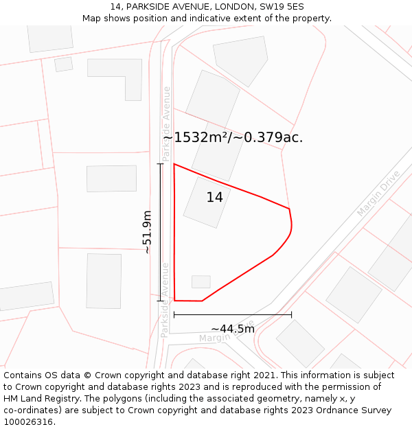 14, PARKSIDE AVENUE, LONDON, SW19 5ES: Plot and title map