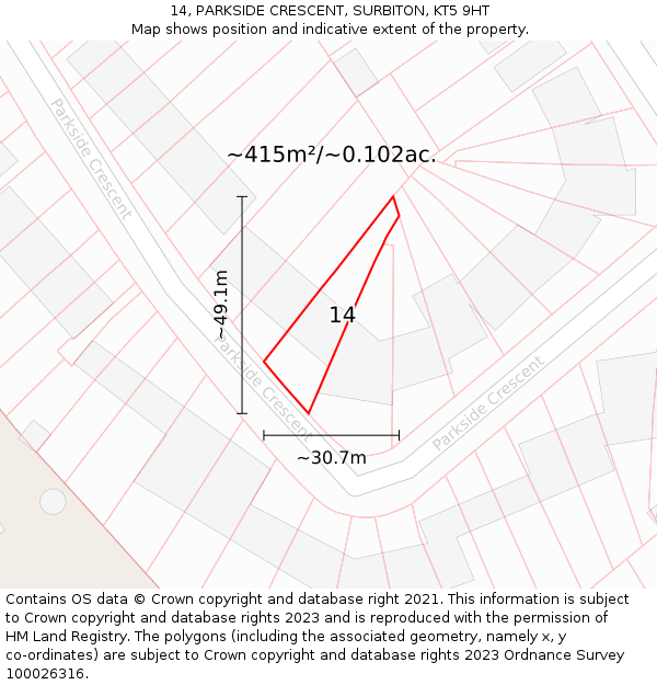 14, PARKSIDE CRESCENT, SURBITON, KT5 9HT: Plot and title map