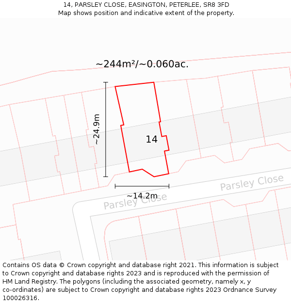 14, PARSLEY CLOSE, EASINGTON, PETERLEE, SR8 3FD: Plot and title map