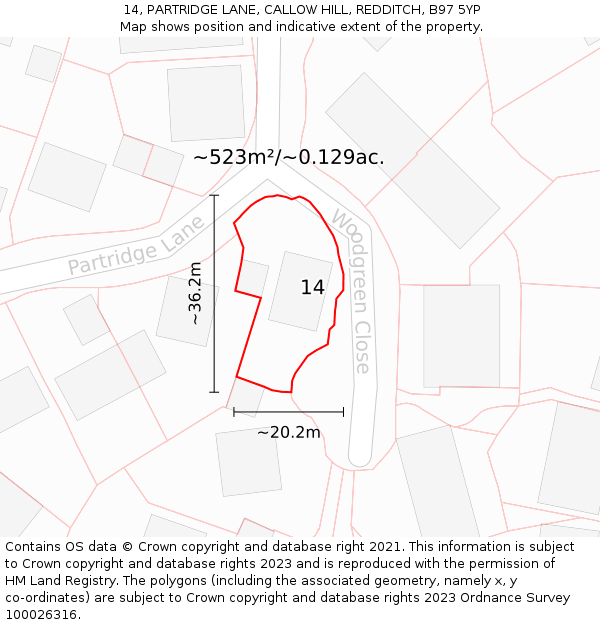 14, PARTRIDGE LANE, CALLOW HILL, REDDITCH, B97 5YP: Plot and title map