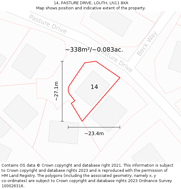 14, PASTURE DRIVE, LOUTH, LN11 8XA: Plot and title map