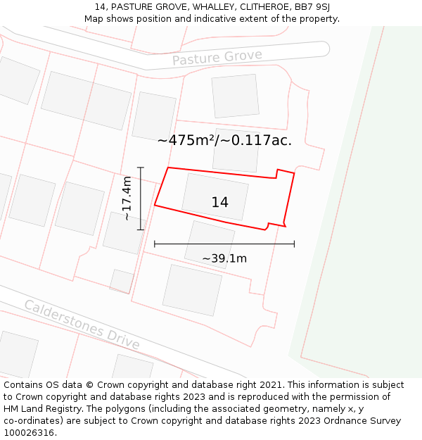 14, PASTURE GROVE, WHALLEY, CLITHEROE, BB7 9SJ: Plot and title map