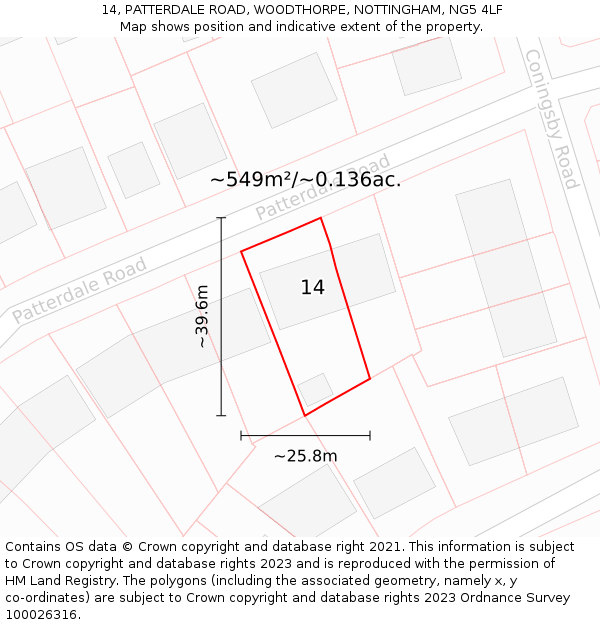 14, PATTERDALE ROAD, WOODTHORPE, NOTTINGHAM, NG5 4LF: Plot and title map