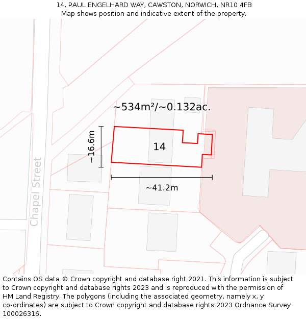 14, PAUL ENGELHARD WAY, CAWSTON, NORWICH, NR10 4FB: Plot and title map