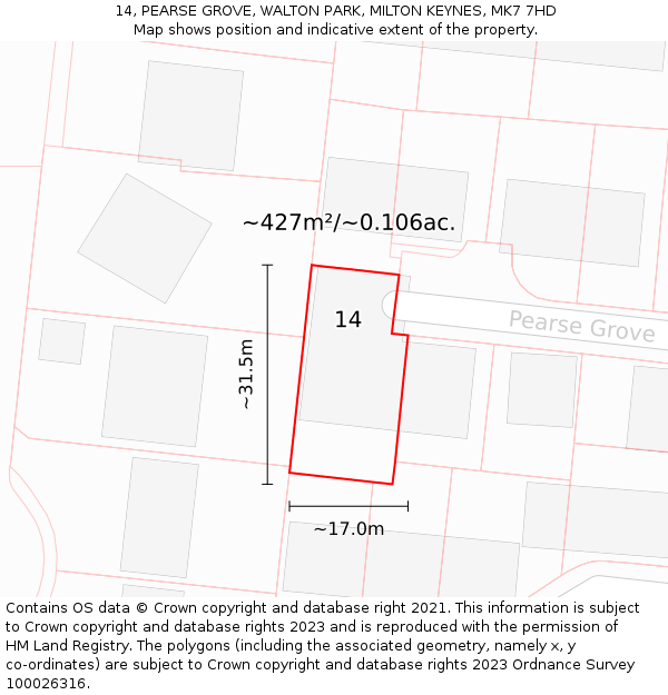 14, PEARSE GROVE, WALTON PARK, MILTON KEYNES, MK7 7HD: Plot and title map