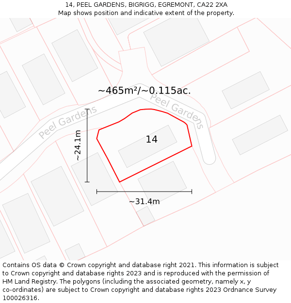 14, PEEL GARDENS, BIGRIGG, EGREMONT, CA22 2XA: Plot and title map