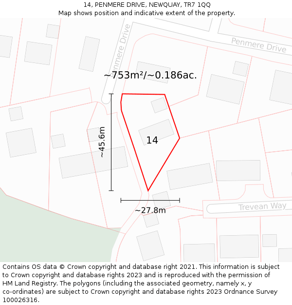 14, PENMERE DRIVE, NEWQUAY, TR7 1QQ: Plot and title map