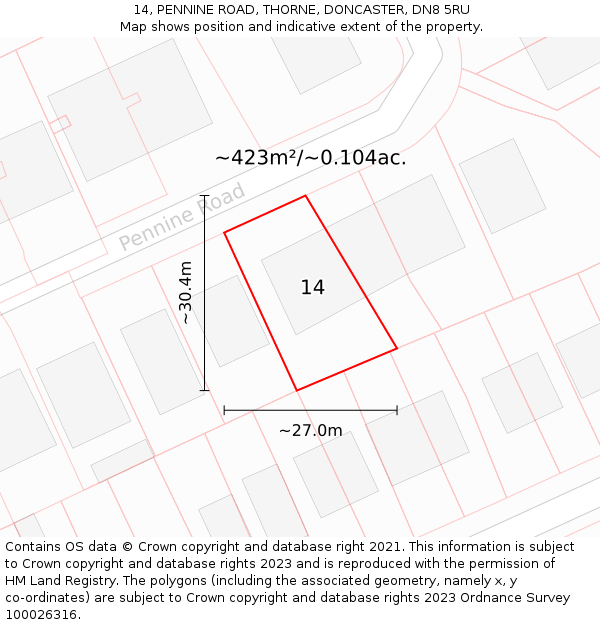 14, PENNINE ROAD, THORNE, DONCASTER, DN8 5RU: Plot and title map