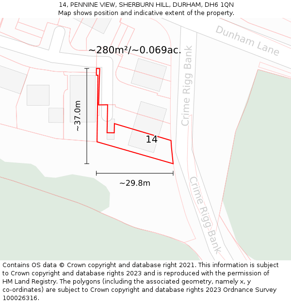 14, PENNINE VIEW, SHERBURN HILL, DURHAM, DH6 1QN: Plot and title map