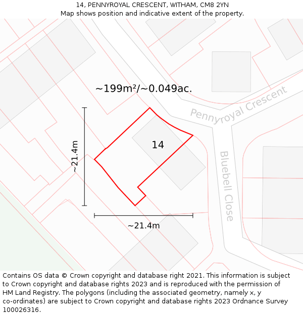 14, PENNYROYAL CRESCENT, WITHAM, CM8 2YN: Plot and title map