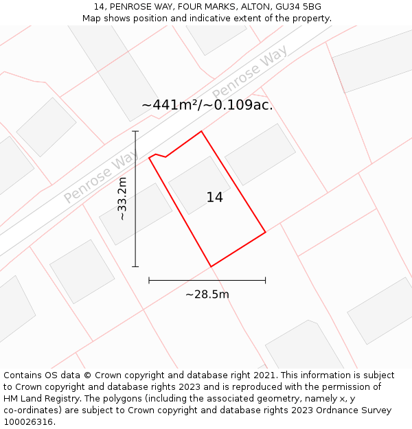 14, PENROSE WAY, FOUR MARKS, ALTON, GU34 5BG: Plot and title map