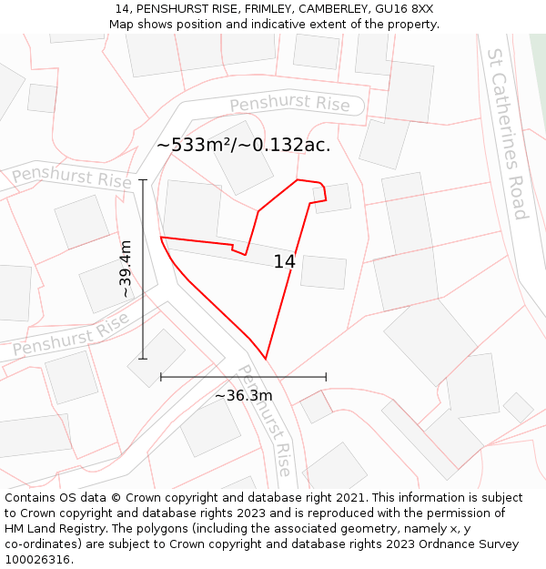 14, PENSHURST RISE, FRIMLEY, CAMBERLEY, GU16 8XX: Plot and title map