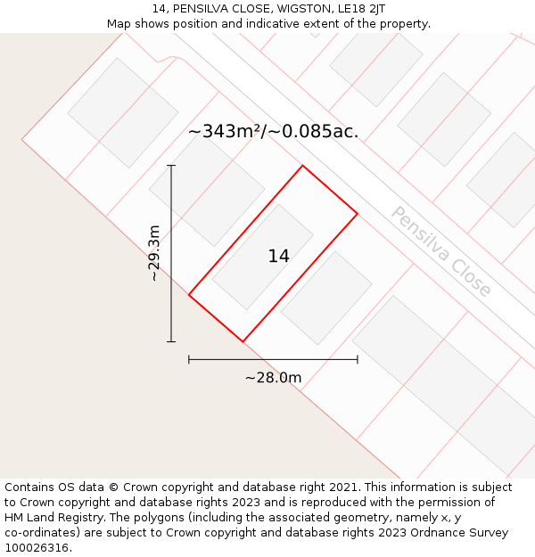 14, PENSILVA CLOSE, WIGSTON, LE18 2JT: Plot and title map