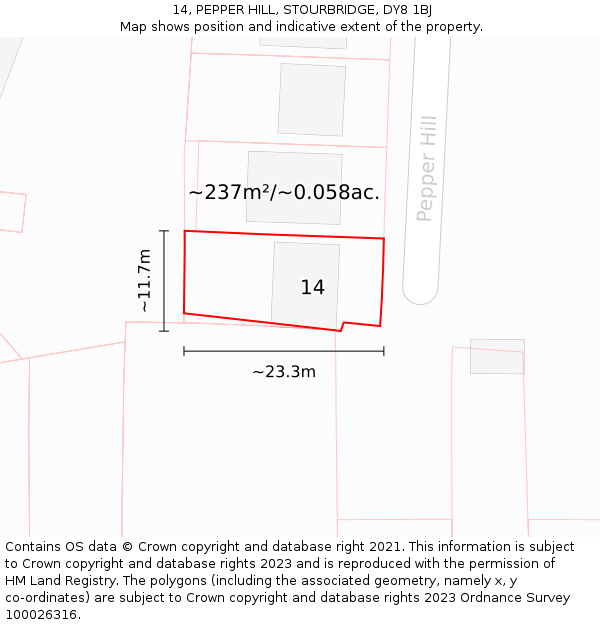 14, PEPPER HILL, STOURBRIDGE, DY8 1BJ: Plot and title map
