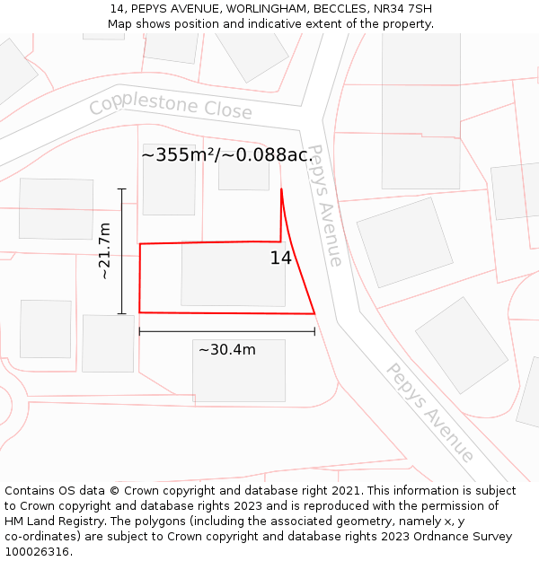 14, PEPYS AVENUE, WORLINGHAM, BECCLES, NR34 7SH: Plot and title map