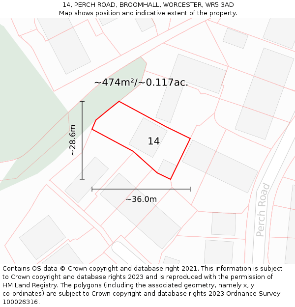 14, PERCH ROAD, BROOMHALL, WORCESTER, WR5 3AD: Plot and title map