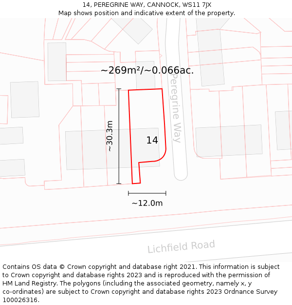 14, PEREGRINE WAY, CANNOCK, WS11 7JX: Plot and title map