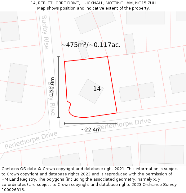 14, PERLETHORPE DRIVE, HUCKNALL, NOTTINGHAM, NG15 7UH: Plot and title map