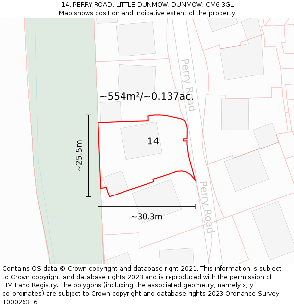 14, PERRY ROAD, LITTLE DUNMOW, DUNMOW, CM6 3GL: Plot and title map