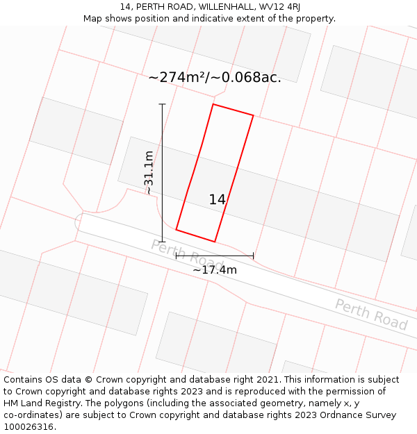 14, PERTH ROAD, WILLENHALL, WV12 4RJ: Plot and title map