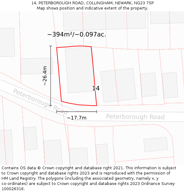 14, PETERBOROUGH ROAD, COLLINGHAM, NEWARK, NG23 7SP: Plot and title map