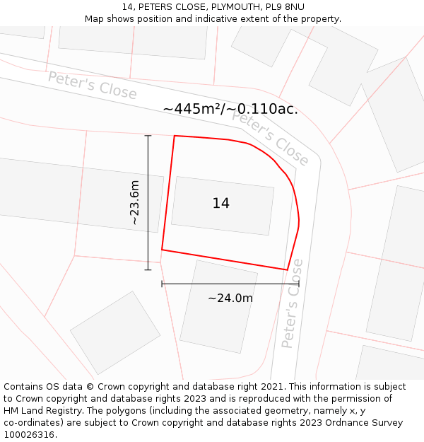 14, PETERS CLOSE, PLYMOUTH, PL9 8NU: Plot and title map
