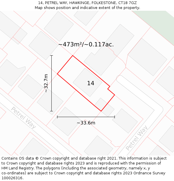 14, PETREL WAY, HAWKINGE, FOLKESTONE, CT18 7GZ: Plot and title map