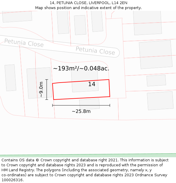 14, PETUNIA CLOSE, LIVERPOOL, L14 2EN: Plot and title map