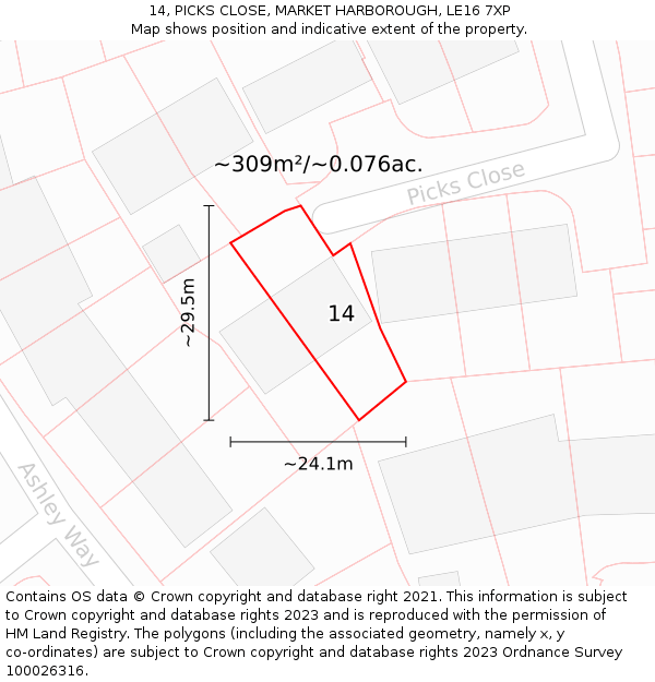14, PICKS CLOSE, MARKET HARBOROUGH, LE16 7XP: Plot and title map