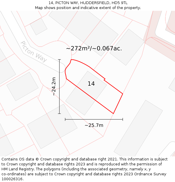 14, PICTON WAY, HUDDERSFIELD, HD5 9TL: Plot and title map