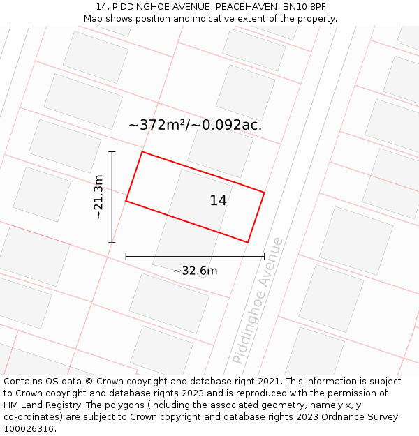 14, PIDDINGHOE AVENUE, PEACEHAVEN, BN10 8PF: Plot and title map