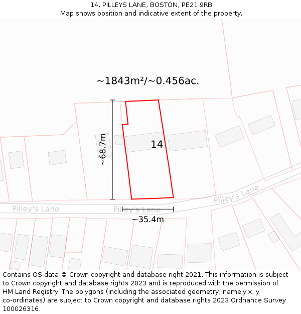 14, PILLEYS LANE, BOSTON, PE21 9RB: Plot and title map