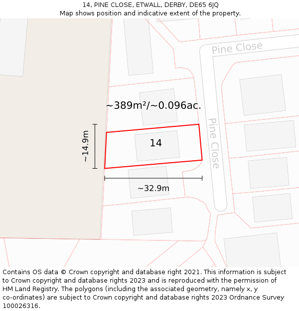 14, PINE CLOSE, ETWALL, DERBY, DE65 6JQ: Plot and title map