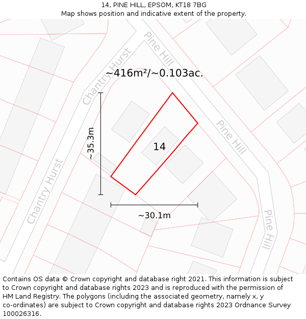 14, PINE HILL, EPSOM, KT18 7BG: Plot and title map