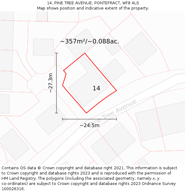 14, PINE TREE AVENUE, PONTEFRACT, WF8 4LS: Plot and title map
