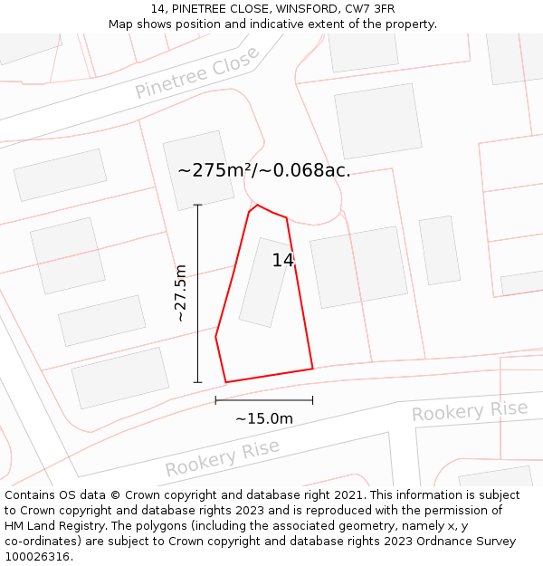 14, PINETREE CLOSE, WINSFORD, CW7 3FR: Plot and title map