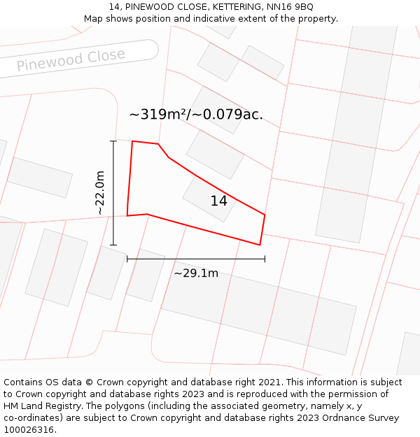 14, PINEWOOD CLOSE, KETTERING, NN16 9BQ: Plot and title map