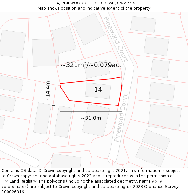 14, PINEWOOD COURT, CREWE, CW2 6SX: Plot and title map