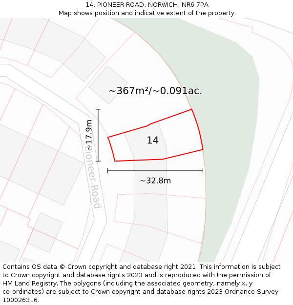 14, PIONEER ROAD, NORWICH, NR6 7PA: Plot and title map