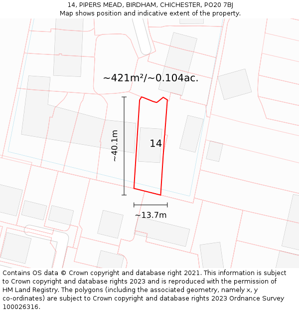 14, PIPERS MEAD, BIRDHAM, CHICHESTER, PO20 7BJ: Plot and title map