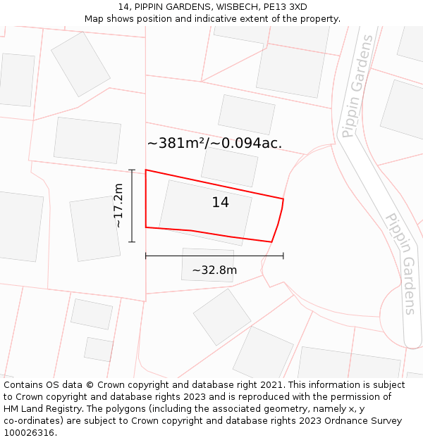 14, PIPPIN GARDENS, WISBECH, PE13 3XD: Plot and title map