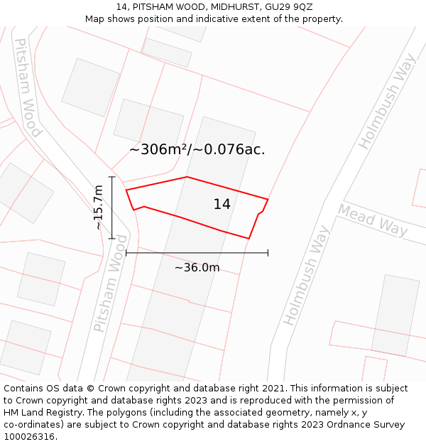 14, PITSHAM WOOD, MIDHURST, GU29 9QZ: Plot and title map