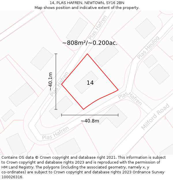 14, PLAS HAFREN, NEWTOWN, SY16 2BN: Plot and title map